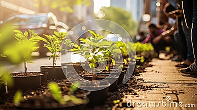 Volunteers contributing to city beautification through tree planting Stock Photo