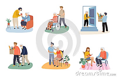 Volunteers during the COVID-19 pandemic - young people taking care of senior people. Helping with household chores Vector Illustration