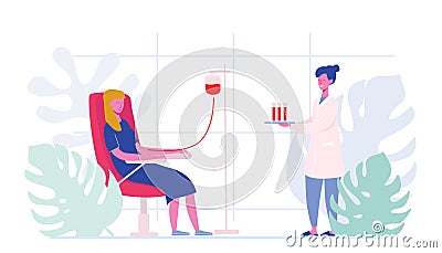 Volunteers Female Characters Sitting in Medical Hospital Chairs Donating Blood. Doctor Woman Nurse Take in Test Tube, Donation Vector Illustration
