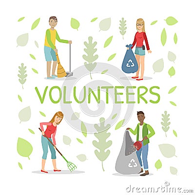 Volunteers Gathering Garbage and Plastic Waste for Recycling, People Sweeping and Cleaning Outdoors Vector Illustration Vector Illustration