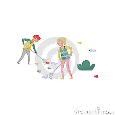 Volunteers gathering garbage on the street using rakes vector Illustration on a white background Vector Illustration