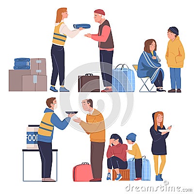 Volunteers giving food to homeless people set. Humanitarian support to refugees and migrants, food distribution point Vector Illustration