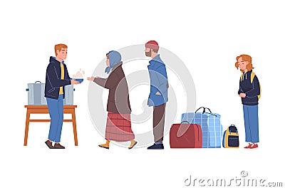 Volunteers giving food to refugees. Humanitarian support to refugees and migrants, food and medicines distribution point Vector Illustration