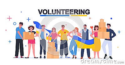 volunteers giving help boxes to refugee humanitarian aid material assistance governmental help concept Vector Illustration