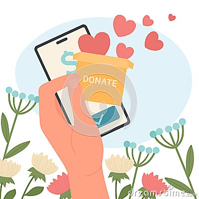 Volunteers hand holding phone with donation mobile app. Support and solidarity concept Vector Illustration