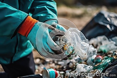 Volunteers hands with gloves collect plastic garbage outdoors. Volunteering, ecology, plastic pollution, environmental Stock Photo