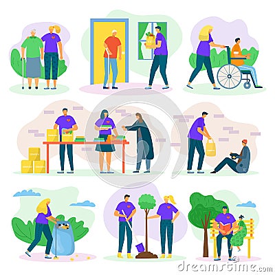 Volunteers help and charity set with people care, helping seniours, invalids and poor, social support flat isolated Vector Illustration