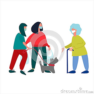 Volunteers help elderly woman with shopping and dog walking. Social work during coronavirus quarantine concept Vector Illustration