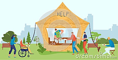 Volunteers help senior and disabled people, food charity, care for homeless, social support project flat vector Vector Illustration
