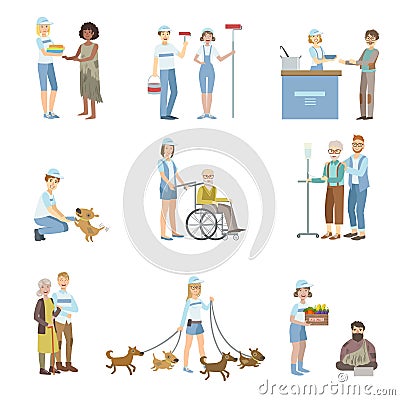 Volunteers Helping In Different Situations Vector Illustration