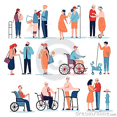 Volunteers helping senior people with disability Flat vector illustration daily activities working AI Generated Cartoon Illustration