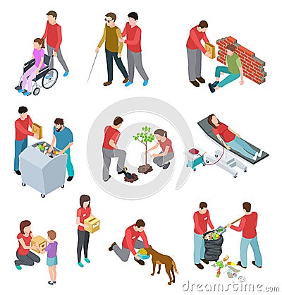 Volunteers isometric set. People caring homeless and diseased elderly. Social community service, charity humanitarian Vector Illustration