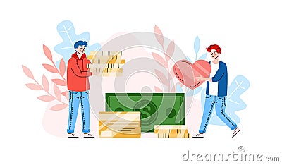 Volunteers male characters donating money cartoon vector illustration isolated. Vector Illustration