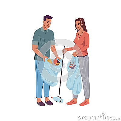 Volunteers man and woman pick up litter into bag Vector Illustration