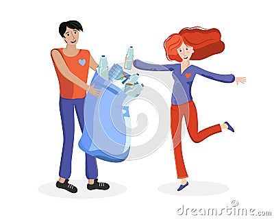 Volunteers picking up plastic garbage into bags outdoor. People collecting trash. Volunteering, ecology, environment concept. Cartoon Illustration