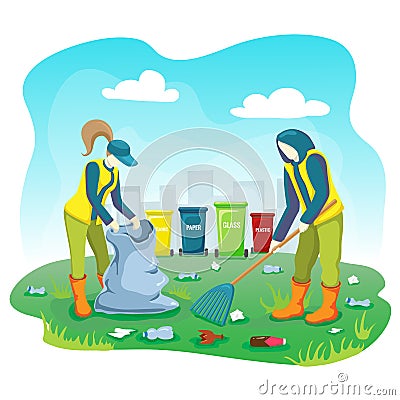 Volunteers picking up trash, plastic bottles and cleaning garbage on lawn of city park with bag and bins. Volunteers team collect Stock Photo
