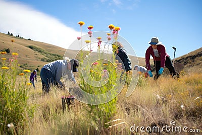 volunteers planting native flowers in protected wildlife habitat Stock Photo
