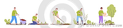 Volunteers planting tree. Volunteering group grow plant forest, volunteer care afforest saplings trees ecology Vector Illustration