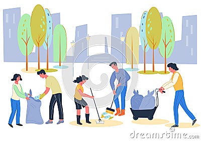 Volunteers social work for environment conservation and cleaning city from waste. Vector Illustration