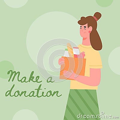 Volunteers or social worker with donation box full of food a vector illustration Vector Illustration