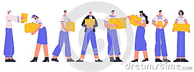 Volunteers team, charity social workers carrying donations. Diverse charity social workers team vector flat illustration Vector Illustration