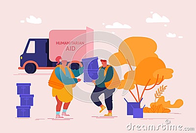 Volunteers Team Unload Help Boxes for Refugees near Humanitarian Aid Van. Material Assistance, Distribution of Food Vector Illustration