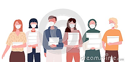 Volunteers wearing health mask from various ethnic groups work together bring food donations to the communities affected Vector Illustration