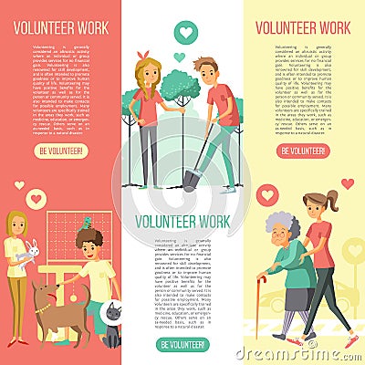 Volunteers Work Vertical Banners set Vector Illustration