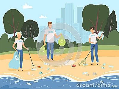 Volunteers working. People social work together team of characters protect nature garbage processing in park vector Vector Illustration