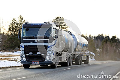 Volvo FH Milk Tank Truck at Sunset Time Editorial Stock Photo