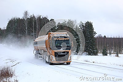 Volvo FH Semi Tank Truck on Snowy Highway Editorial Stock Photo