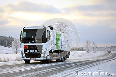 Volvo FH Tank Truck Hauls Diesel Fuel in Winter Editorial Stock Photo