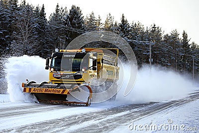 Volvo FM Truck with Snow Plow Clears Winter Road Editorial Stock Photo