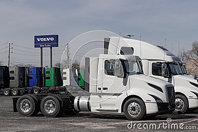 Volvo Semi Tractor Trailer Big Rig Truck display at a dealership. Volvo Trucks is one of the largest truck manufacturers Editorial Stock Photo