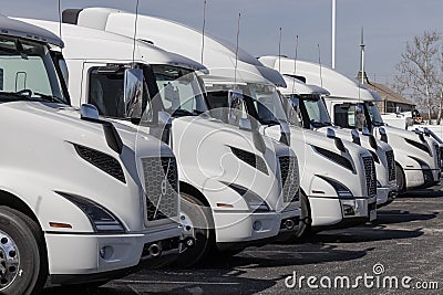 Volvo Semi Tractor Trailer Big Rig Truck display at a dealership. Volvo Trucks is one of the largest truck manufacturers Editorial Stock Photo