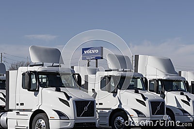Volvo Semi Tractor Trailer Big Rig Truck display at a dealership. Volvo Trucks supplies complete transport solutions Editorial Stock Photo