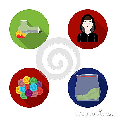 Vong, drug addict, package with marijuana, ecstasy. Drugs set collection icons in flat style vector symbol stock Vector Illustration