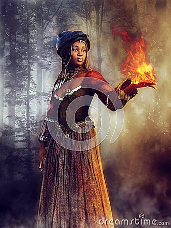 Voodoo sorceress with a flame Stock Photo