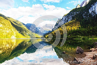 Vorderer Gosausee, Gosau lake, Dachstein mountains in the background Stock Photo
