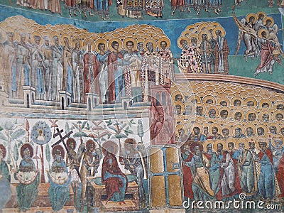 Voronet Monastery, Bucovina County, Romania, Judgement Day scene painting Editorial Stock Photo