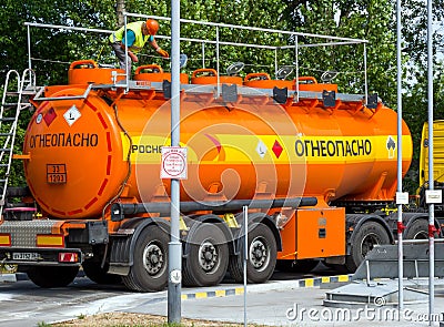 Rosneft fuel truck preparing for fuel unloading Editorial Stock Photo