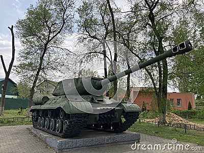Voronezh, Russia May 5, 2020: Close up of monument of military tank. Heavy old memorial, preserves living memory of war Editorial Stock Photo