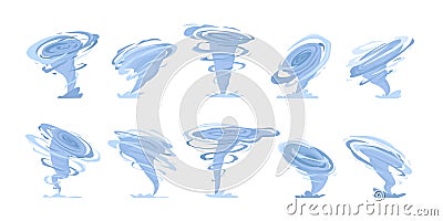 vortex tornado set. cartoon flat spiral cyclone windstorms funnels, catastrophe stormy destruction weather twists Vector Illustration