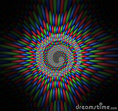 Vortex of vibrating red, green and blue spheres Stock Photo