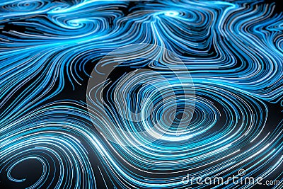 Vortical line pattern, glowing particles trails, 3d rendering Cartoon Illustration