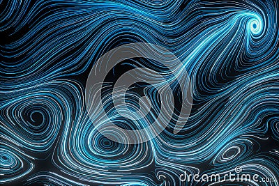 Vortical line pattern, glowing particles trails, 3d rendering Cartoon Illustration