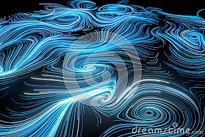 Vortical line pattern, glowing particles trails, 3d rendering Cartoon Illustration
