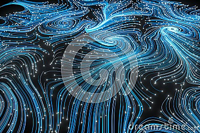 Vortical line pattern, glowing particles trails, 3d rendering Cartoon Illustration