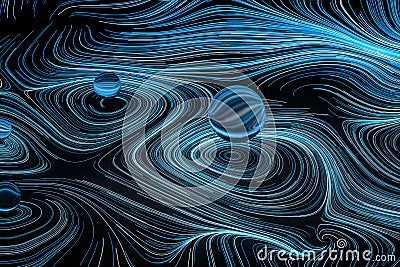 Vortical line pattern, glowing particles trails, 3d rendering Cartoon Illustration