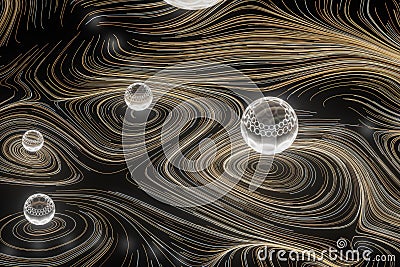 Vortical line pattern, glowing particles trails, 3d rendering Cartoon Illustration